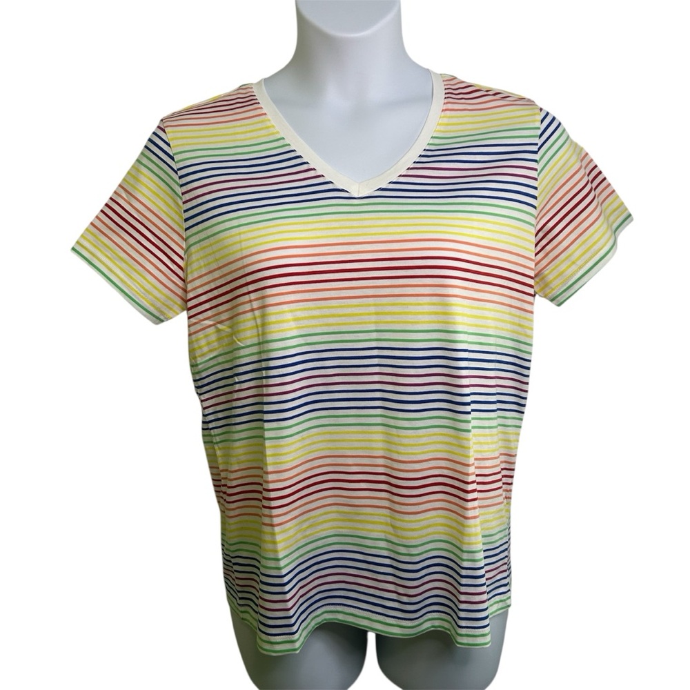 Lands End Women’s Shirt Top Color Stripes Short Sleeve Sz Medium Petite 10 / 12